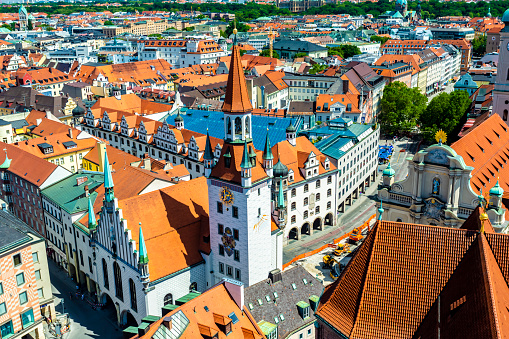 Aerial view of the old town hall of Munich, Germany