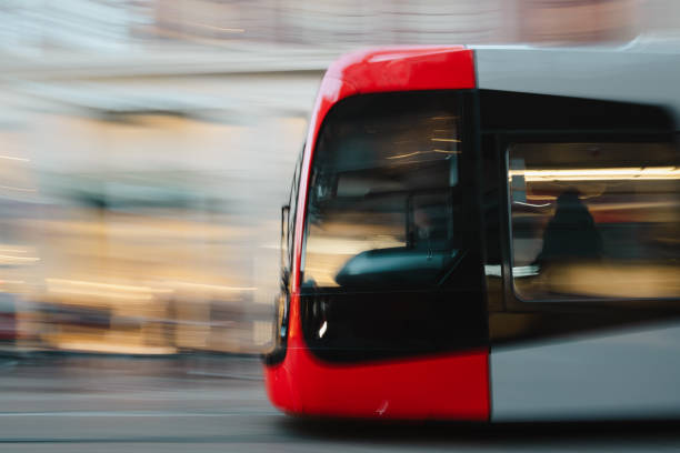 Tram in fast motion against a blurred background