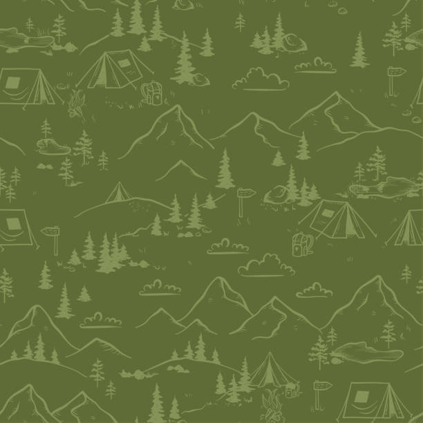 stockillustraties, clipart, cartoons en iconen met cute hand drawn seamless pattern with camping doodles, tents, landscape and trails, great for textiles, banners, wallpapers - kamperen