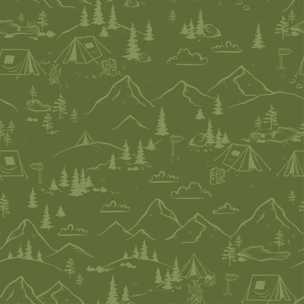 ilustrações de stock, clip art, desenhos animados e ícones de cute hand drawn seamless pattern with camping doodles, tents, landscape and trails, great for textiles, banners, wallpapers - tree area footpath hiking woods