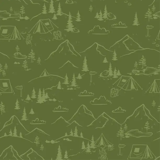 Vector illustration of Cute hand drawn seamless pattern with camping doodles, tents, landscape and trails, great for textiles, banners, wallpapers