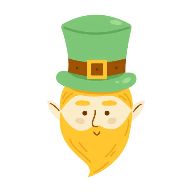 Vector illustration of Vector leprechaun with beard in green hat. Clipart for celebrating St Patricks day. Fairytale character with pointed ears.