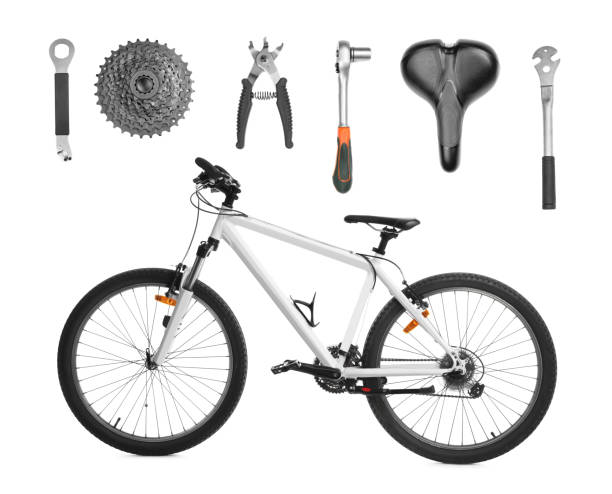 istock Modern bicycle, its details and tools for repair on white background, collage 1468273128