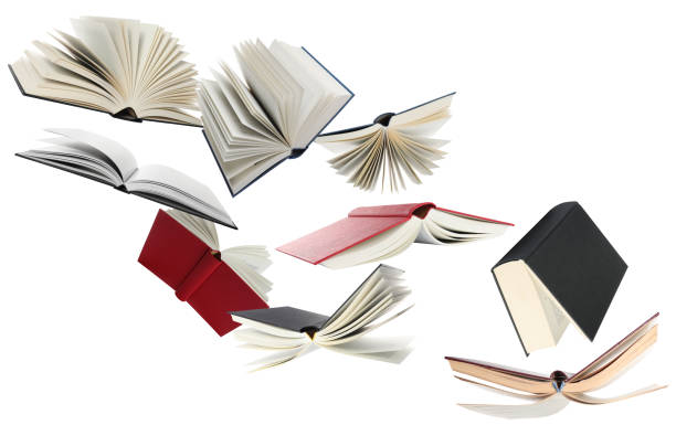istock Many hardcover books flying on white background 1468273131