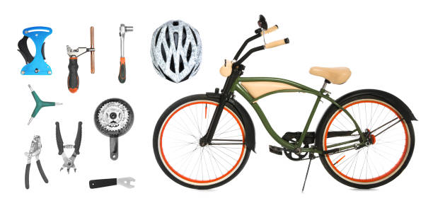 istock Modern bicycle, its details and tools for repair on white background, collage. Banner design 1468273132