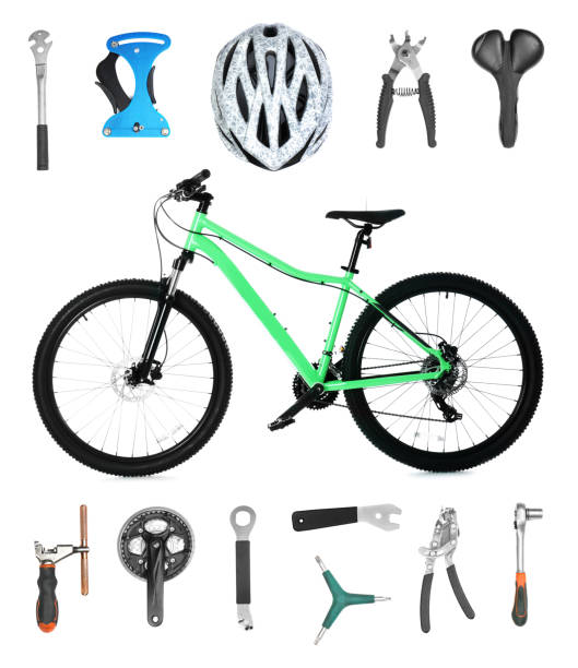 istock Modern bicycle, its details and tools for repair on white background, collage 1468273169