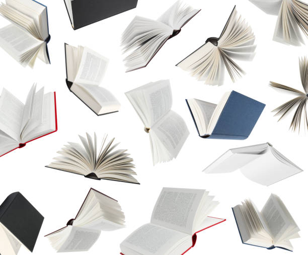 istock Many hardcover books falling on white background 1468273206