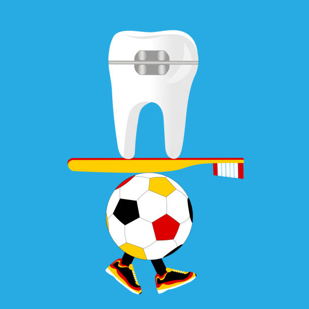 ilustrações de stock, clip art, desenhos animados e ícones de germany football balancing tooth with braces - human teeth defending dental equipment brushing