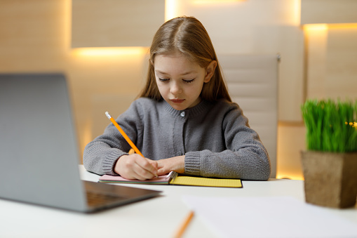 Concentrated little girl writes in a notebook, studying at school.