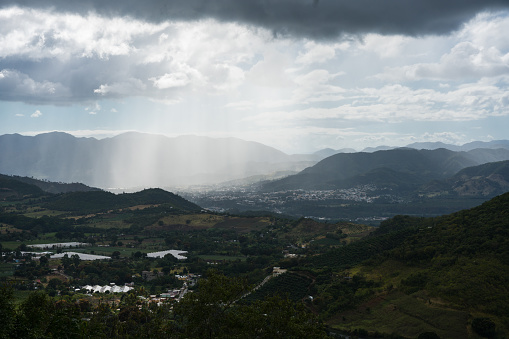 A panoramic view from Mount Meron on a very rainy day into the valley below.  