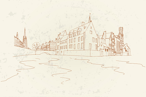 Vector sketch of Rozenhoedkaai canal (Quai of the Rosary), and Belfort van Brugges Belfry Tower. Typical view of Bruges (Brugge), Belgium.