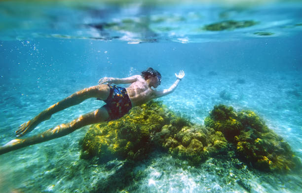 Diving teenage boy snorkeling over the coral reefs underwater photo in the clean turquoise lagoon on Le Morne palm trees beach with Le Morne Brabant mount. Mauritius island. Exotic traveling concept Diving teenage boy snorkeling over the coral reefs underwater photo in the clean turquoise lagoon on Le Morne palm trees beach with Le Morne Brabant mount. Mauritius island. Exotic traveling concept mauritius stock pictures, royalty-free photos & images