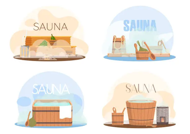 Vector illustration of Sauna or SPA center banner template with accessories for relaxation in steam banya or hot sauna