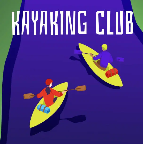 Vector illustration of Kayaking club poster mockup with a top view of river with tourists, flat vector.