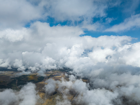 Fields covered with clouds. Taken via drone. Kayseri, Turkey.