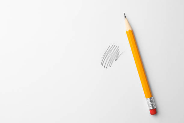 istock Sharp graphite pencil with eraser and hand drawn scribble on white sheet of paper, top view. Space for text 1468279596