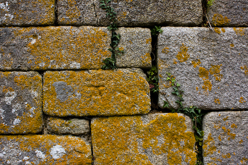 Stone wall part of medieval castle outer walls in Pambre, Palas de Rei, Lugo province, Galicia, Spain.