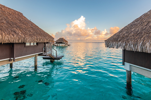 Landscape with luxury wooden bungalows with straw roof in the lagoon at the beach on a summer day in Moorea, French Polynesia, South Pacific. Tropical vacation concept.