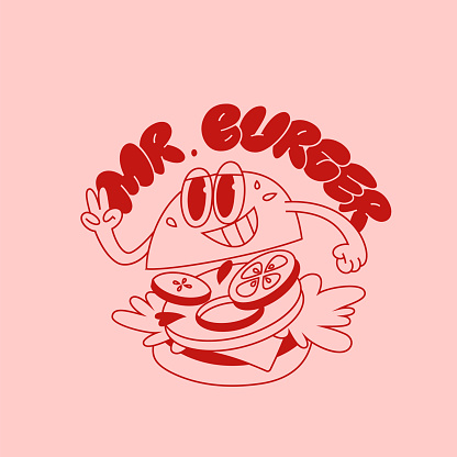 Cute Burger in Retro Cartoon Style. Vector Line Art Illustration. Vintage Character for Logo, Fast Food Restaurant Menu, Promo Banners and Advertising.