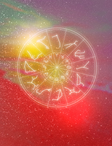 Zodiac wheel. 12 astrological signs and star constellations, color toned seascape on background