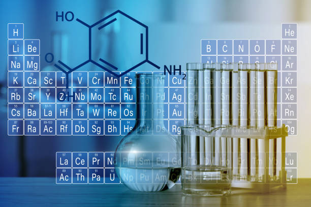 Periodic table, structural formula of chemical compound and laboratory glassware, double exposure. Toned in blue and yellow