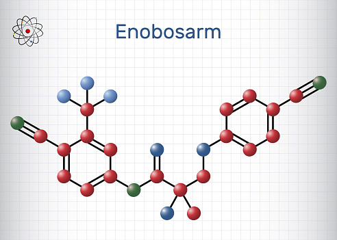 Enobosarm, ostarine molecule. It is non-steroidal agent with anabolic activity, selective androgen receptor modulator SARM. Structural chemical formula, molecule model. Sheet of paper in a cage. Vector illustration