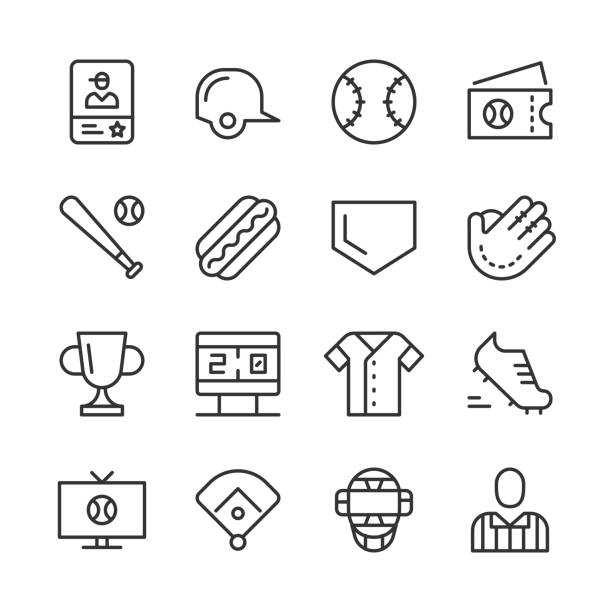 Baseball Icons — Monoline Series Vector line icon set appropriate for web and print applications. Designed in 48 x 48 pixel square with 2px editable stroke. Pixel perfect. baseball helmet stock illustrations