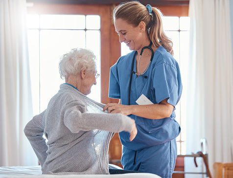 istock Nurse, healthcare and senior woman in nursing home with physician helping her dress up. Disability, rehabilitation and female medical worker with retired patient in home with care, empathy or support 1468290081