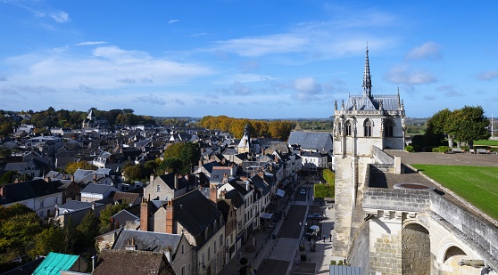 Amboise, France, October 26, 2020: Aerial view of the town of Amboise on a sunny autumn day. On the right there is the chapel of Saint-Hubert where Leonardo da Vinci is buried.