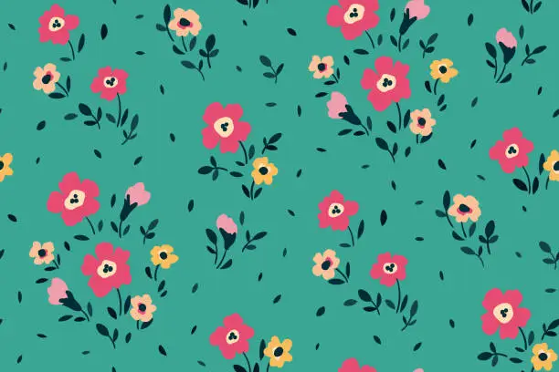 Vector illustration of Seamless floral pattern, liberty ditsy print with small cute flowers on a blue background. Vector.