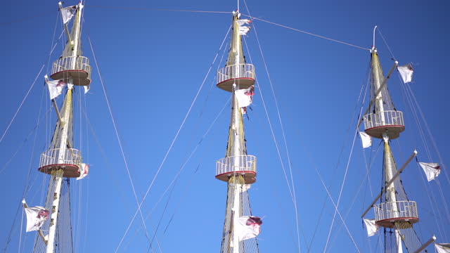 Masting of big wooden sailing ship, detailed rigging