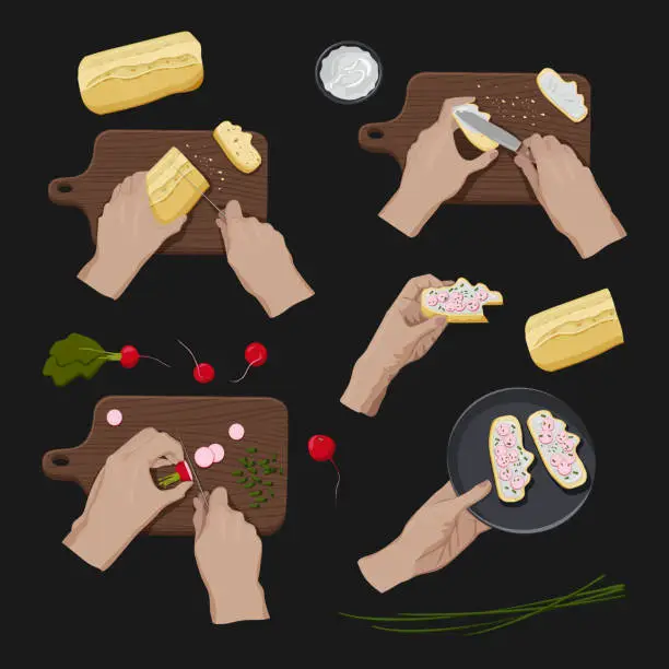 Vector illustration of Young adult hands cooking sandwich. POV Dark theme
