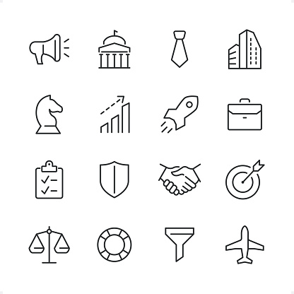 Business icons set #51 

Specification: 16 icons, 64×64 pх, editable stroke weight! Current stroke 2 pt. 

Features: pixel perfect, unicolor, editable stroke weight, thin line. 

First row of  icons contains:
Megaphone, Government, Necktie, Office;

Second row contains: 
Chess Knight, Graph Up, Rocket, Briefcase;

Third row contains: 
Checklist, Shield, Handshake, Target; 

Fourth row contains: 
Comparison, Buoy, Funnel, Airplane.

Complete Cubico collection — https://www.istockphoto.com/uk/collaboration/boards/_R8CZuIXmUiUCIbekezhFA