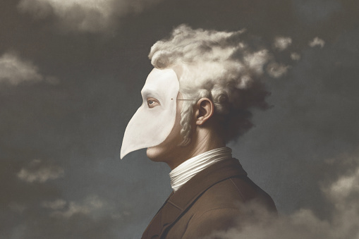 Illustration of man with mask head in the cloud, surreal dream concept