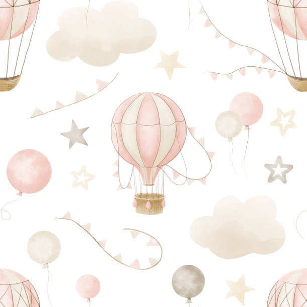 Watercolor seamless Baby Pattern with hot Air Balloons and clouds. Hand drawn background for childish textile design or wallpaper. Illustration on isolated backdrop in pastel pink and beige colors Watercolor seamless Baby Pattern with hot Air Balloons and clouds. Hand drawn background for childish textile design or wallpaper. Illustration on isolated backdrop in pastel pink and beige colors. watercolor hot air balloon stock illustrations
