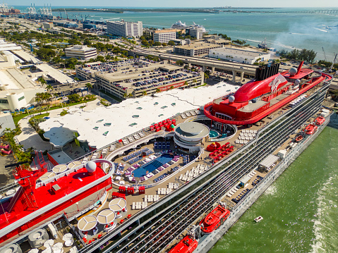 Miami, FL, USA - February 19, 2023: Aerial photo Virgin Valiant Lady Cruise Ship at Port Miami