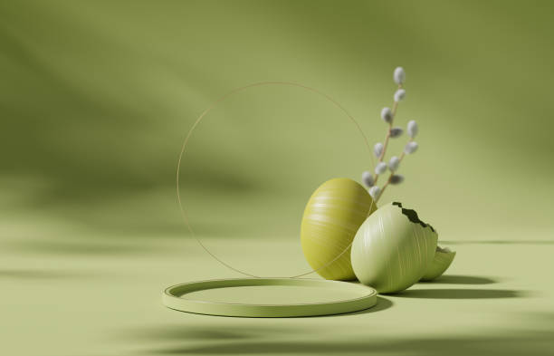 3D Easter, podium display. Green background with egg and catkins. Nature minimal pedestal for beauty, cosmetic product presentation. Spring mockup. 3d  template. Render with shadow.