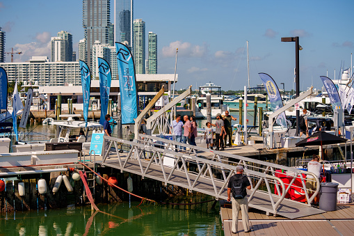 Miami, FL, USA - February 19, 2023: Photo of the Miami International Boat Show Venetian Causeway staging area