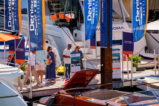 Miami, FL, USA - February 19, 2023: Photo of the Miami International Boat Show Venetian Causeway staging area