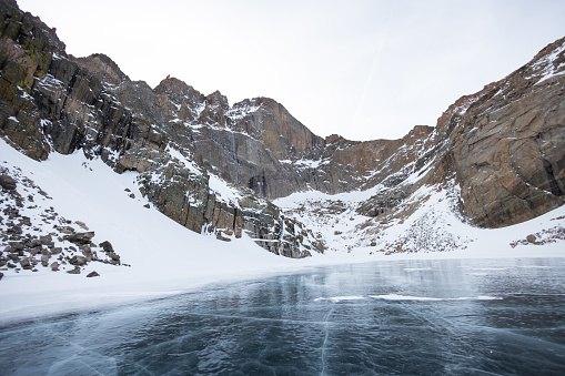 Icy frozen alpine lake at high elevation in the mountains of Rocky Mountain National Park in the winter.