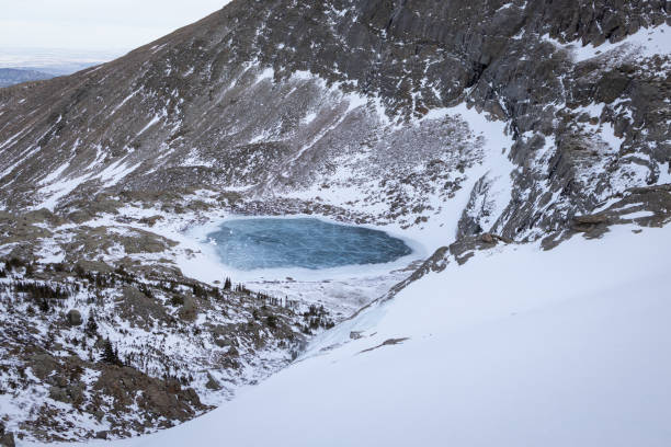 gefrorener pfauenpool im rocky mountain national park in colorado im winter - cold lake frozen estes park stock-fotos und bilder