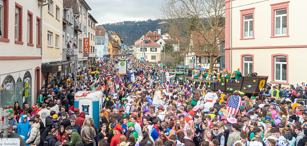 Neckargemuend, Germany - Feb. 18, 2023: traditional carnival parade in neckargemuend in the Palatine region of Baden-Wuerttemberg, Germany