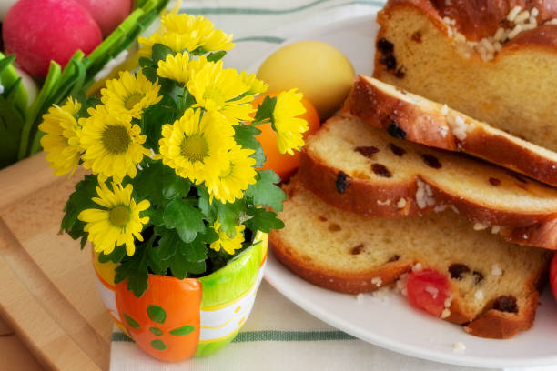 Easter eggs, flowers and cake still-life