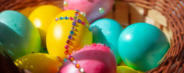 istock Easter basket with eggs close-up, banner 1468315400
