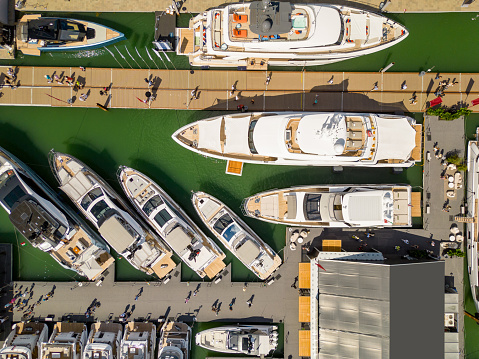 Aerial overhead photo Miami International Boat Show on Sunday