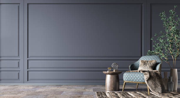 istock Interior of modern living room with accent coffee table, classical patterned armchair and fur plaid on it. Home design with blue paneling wall. 3d rendering 1468320135