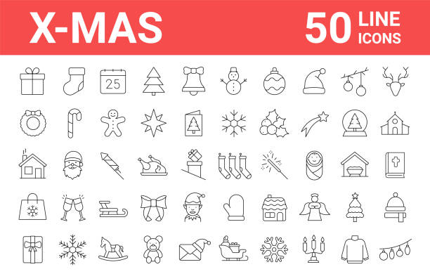 50 christmas line icon collection. Holiday symbol. Outline Xmas icons set. Editable stroke vector art illustration