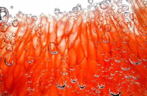 Grapefruit slice peeled pulpy capsules in water with air bubbles, in background light, close-up selective focus