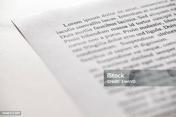 Lorem Ipsum Text On Printed On Paper Sample Of Document Side View Selective Focus Stock Photo - Download Image Now