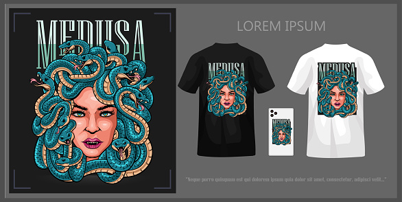 Medusa head t-shirt design, complete with mockup.